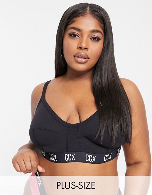 City Chic Logo rib crop top bra in black