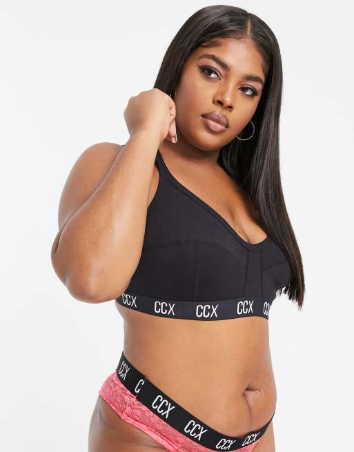 City Chic Logo rib crop top bra in black