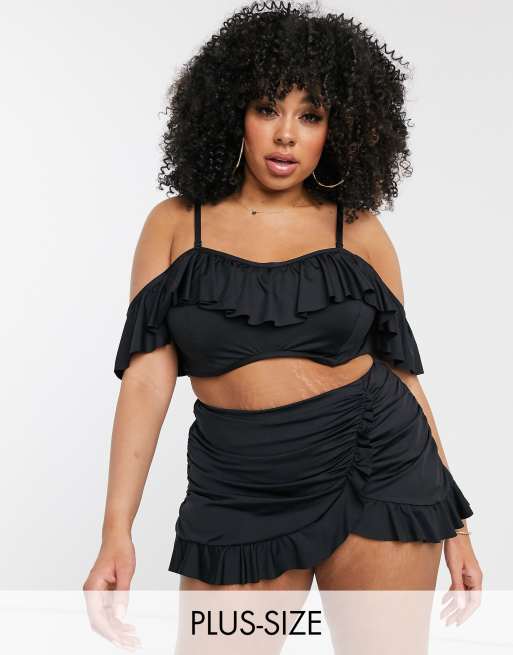 City Chic underwired bardot bikini top with frill in black