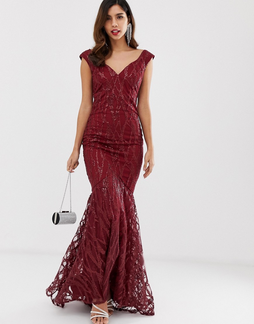 City Goddess all over lace and sequin fishtail maxi dress-Red