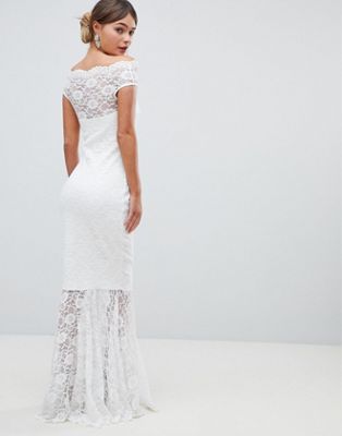 bardot lace fishtail maxi dress