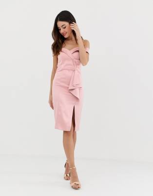 City Goddess bardot pencil dress with split detail-Pink - City Goddess  online sale | Coshio Online Shop