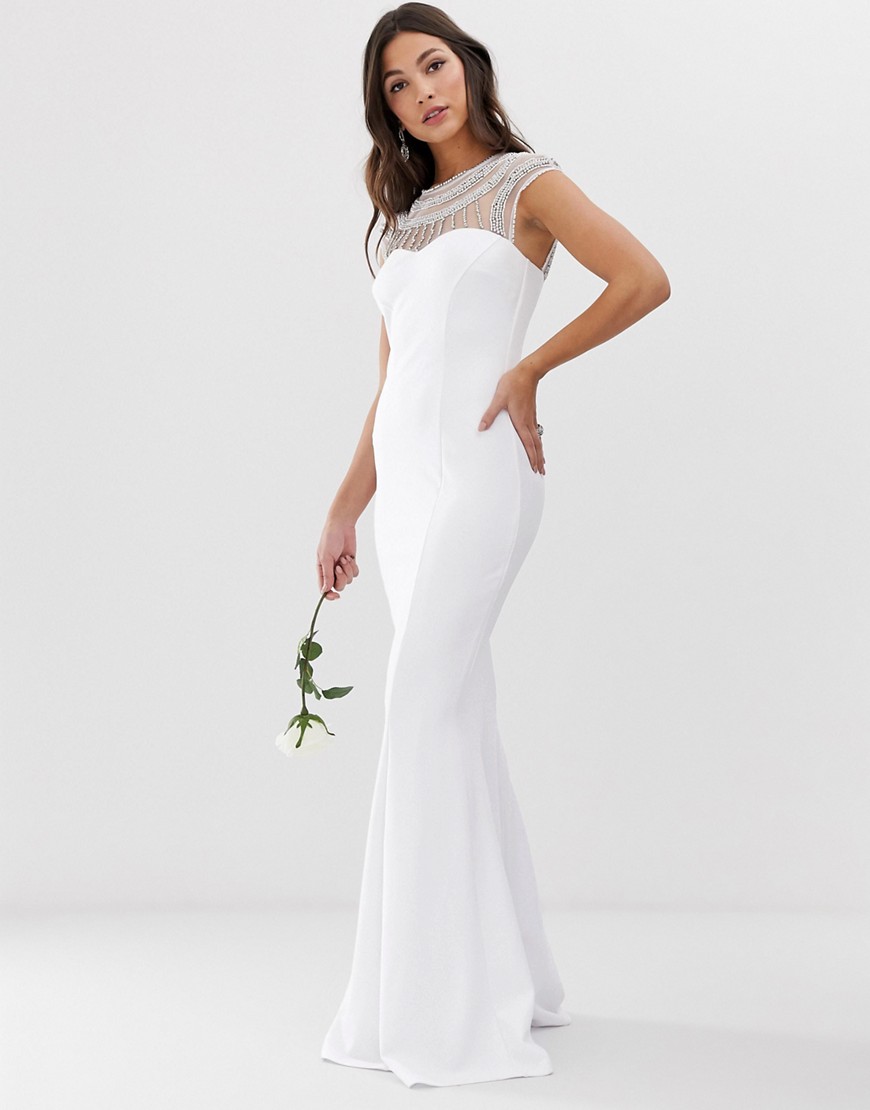 City Goddess bridal capped sleeve fishtail maxi dress with embellished detail-White