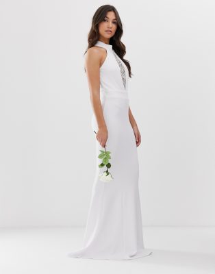 city goddess lace maxi dress City Goddess bridal halterneck fishtail maxi dress with lace detail