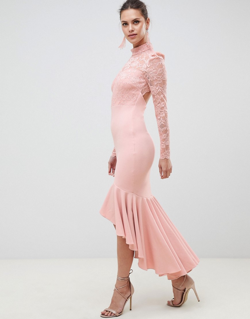 City Goddess Bridesmaid Long Sleeve High Neck Fishtail Maxi Dress With Lace Detail-Pink