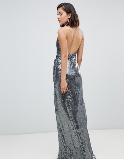 City Goddess Halter Neck Sequin Maxi Dress With Split Detail