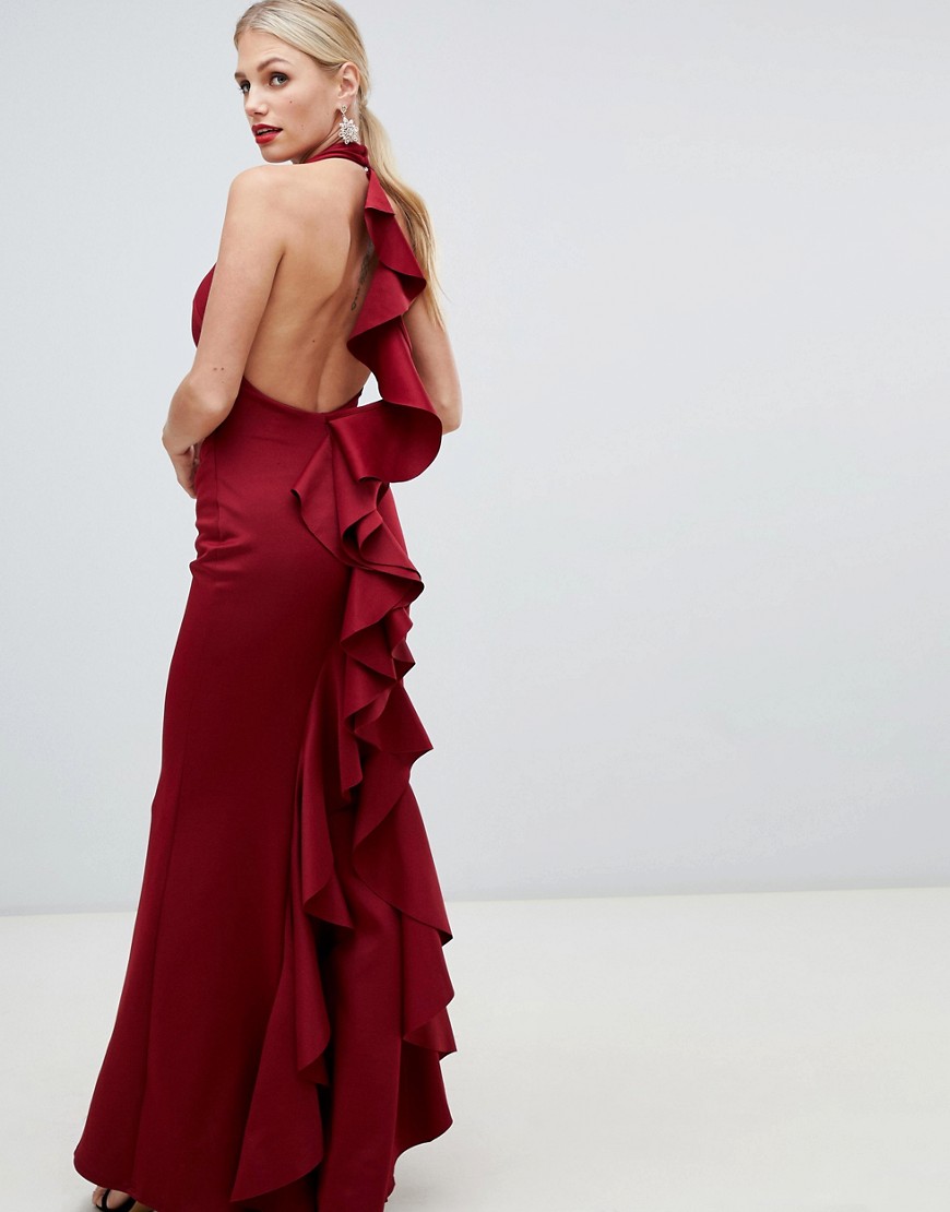 City Goddess - Lange jurk met halternek en blote achterkant-Rood