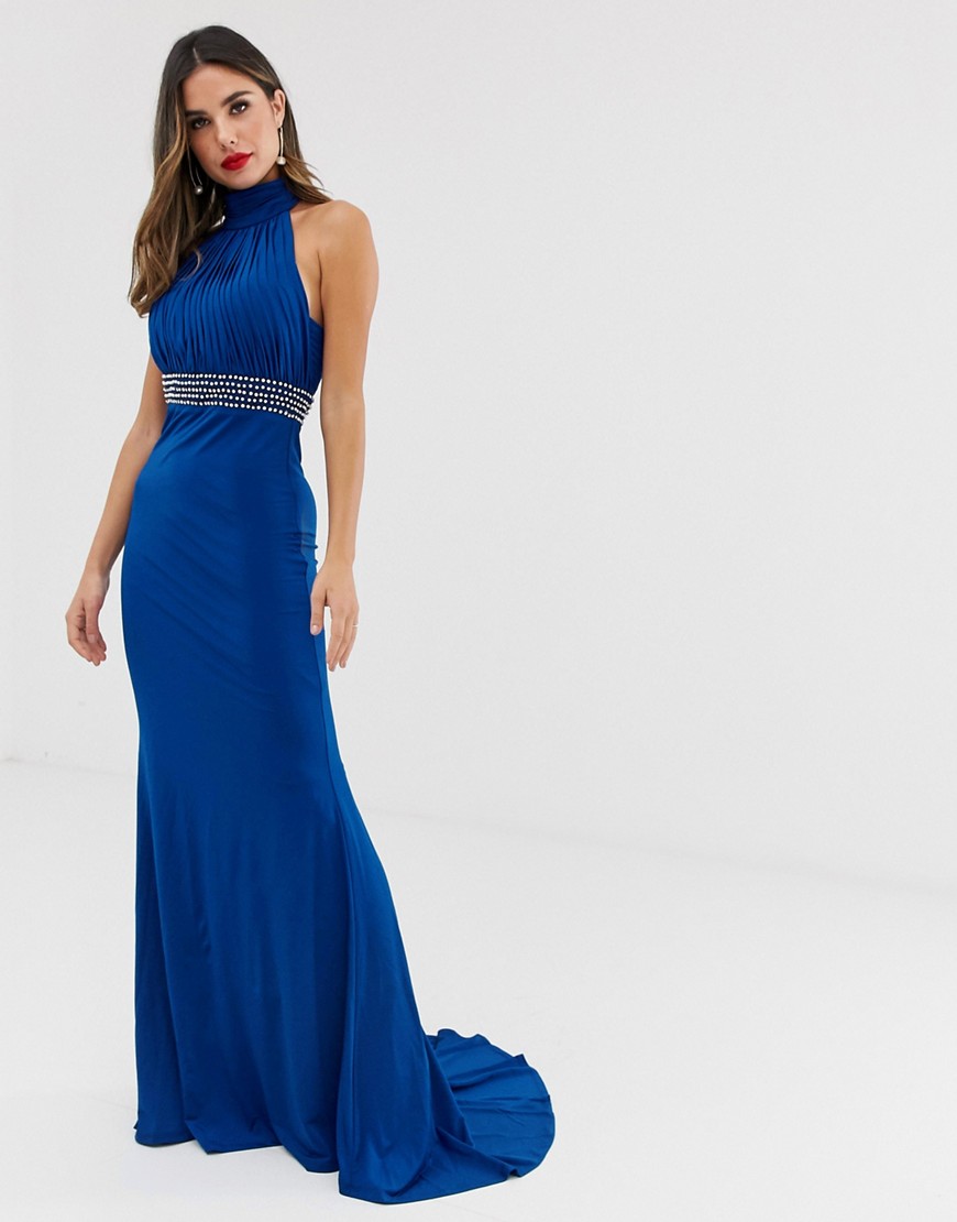 City Goddess - Lange jurk met halternek en versierde tailleband-Blauw