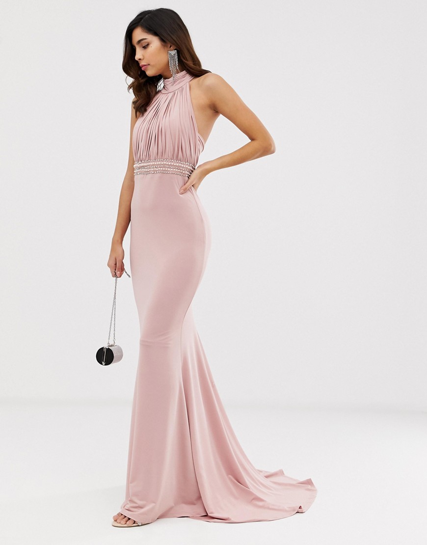 City Goddess - Lange jurk met halternek en versierde tailleband-Roze