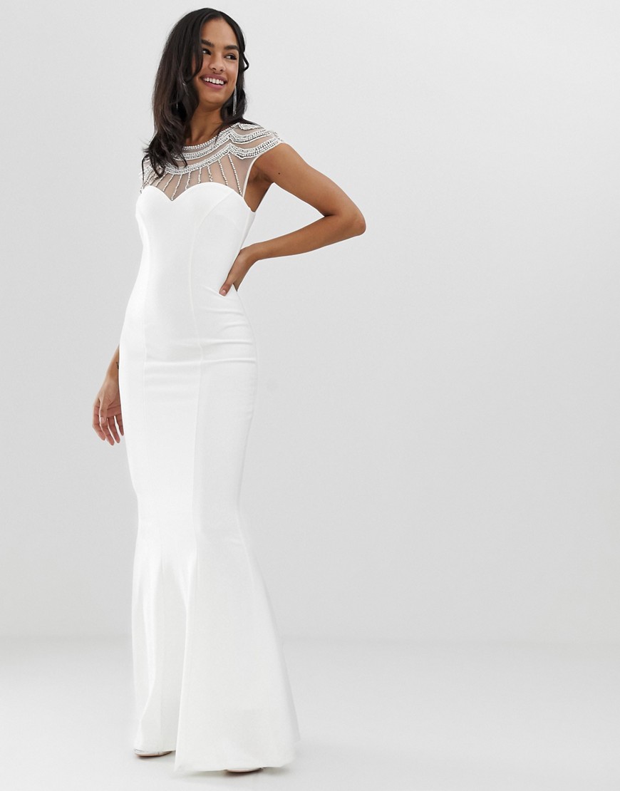 City Goddess - Lange jurk met kapmouwtjes, lange achterkant en versiering-Wit