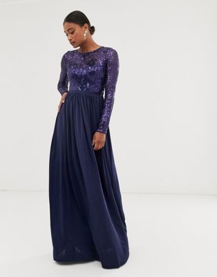 City Goddess - Lange jurk met lange mouwen en lijfje met lovertjes-Marineblauw
