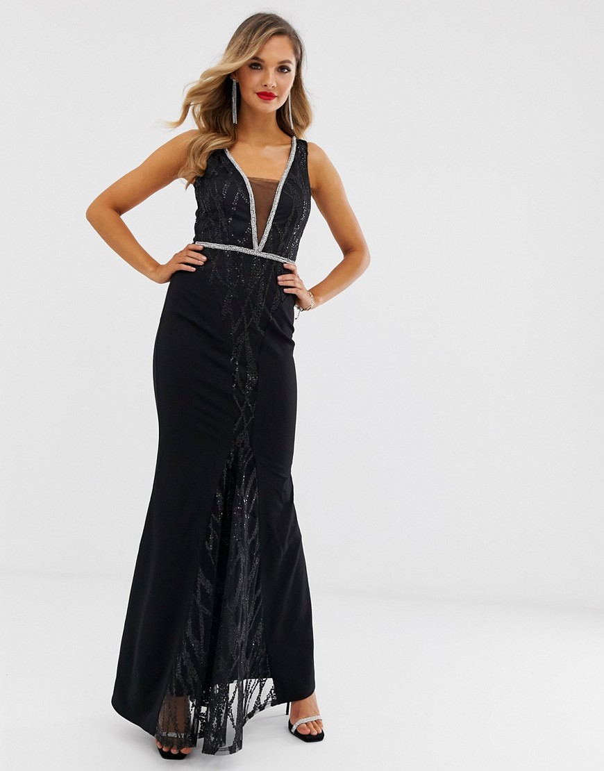 City Goddess - Lange jurk met overslag van chiffon met lovertjes-Zwart