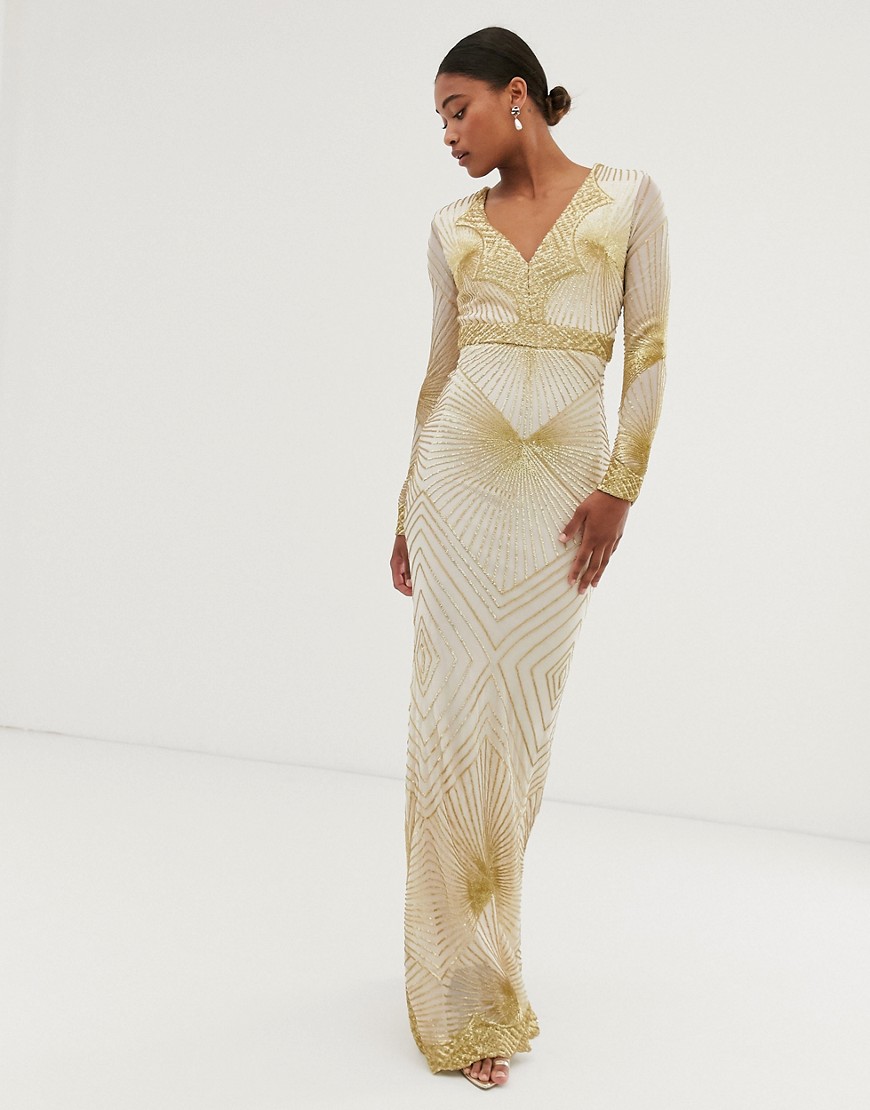 City Goddess long sleeve all over embellished patterned maxi dress-Gold