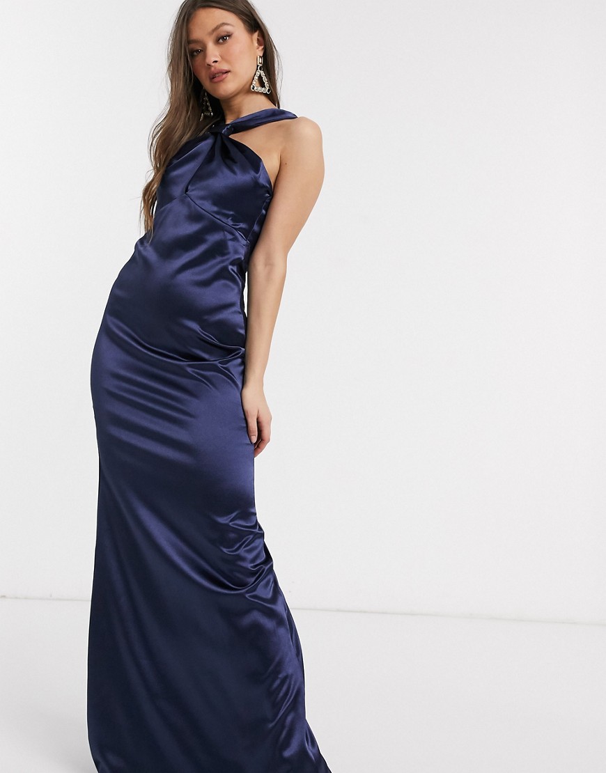 City Goddess – Maxiklänning i satin med draperad ringning-Marinblå
