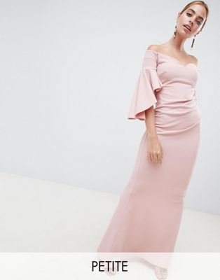 City Goddess Petite Long Sleeve Bardot Maxi Dress-Pink