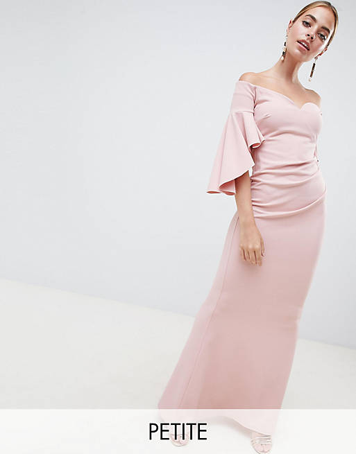 City Goddess Petite Long Sleeve Bardot Maxi Dress | ASOS