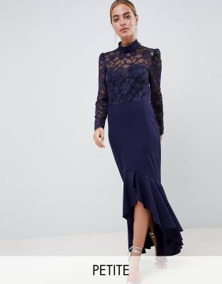 City Goddess Petite Long Sleeve High Neck Fishtail Maxi Dress With Lace Detail-Navy