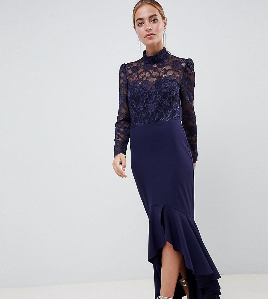 City Goddess Petite Long Sleeve High Neck Fishtail Maxi Dress With Lace Detail-Navy