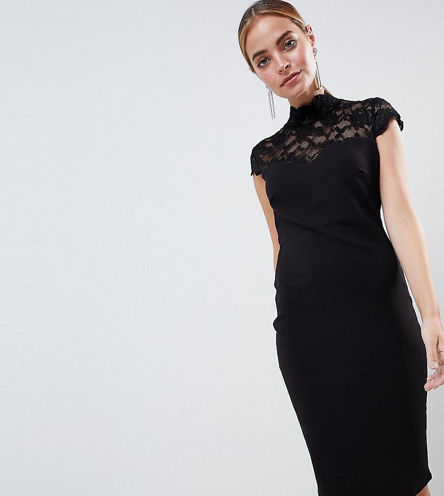 City Goddess Petite midi-jurk met open achterkant en kanten inzetstuk-Zwart