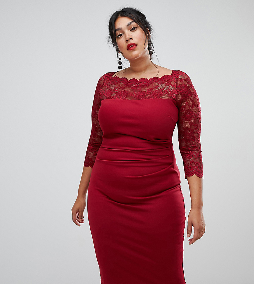 City Goddess Plus long sleeve lace pencil dress-Red