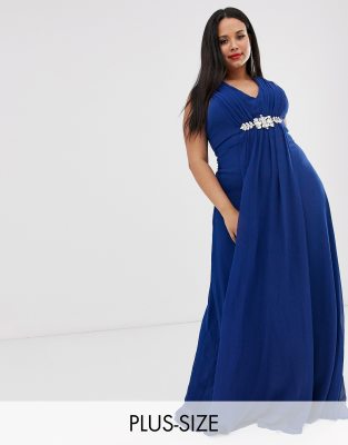 City Goddess Plus v neck embellished chiffon maxi dress-Blue