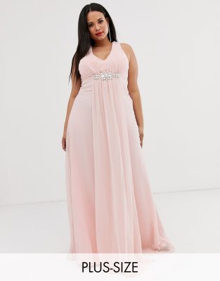 City Goddess Plus v neck embellished chiffon maxi dress-Pink