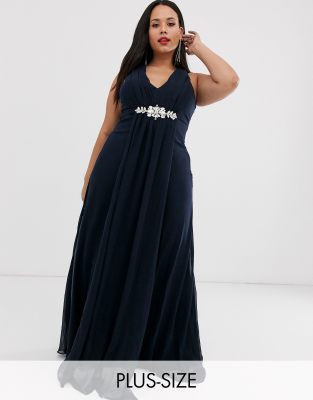 City Goddess Plus v neck embellished chiffon maxi dress-Navy