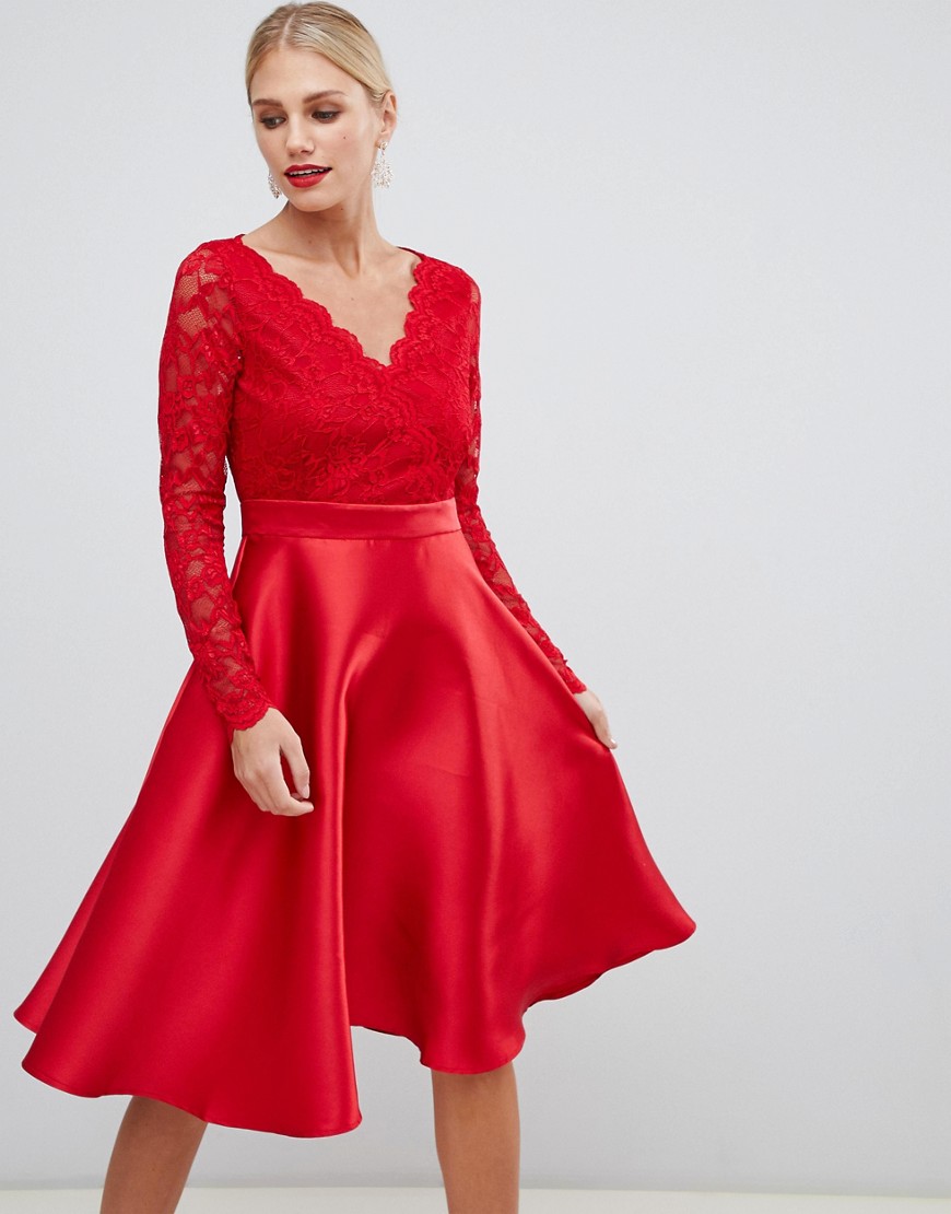 City Goddess prom dress with lace sleeves-Red