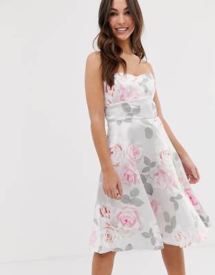 City Goddess Prom Floral Skater Dress-Grey