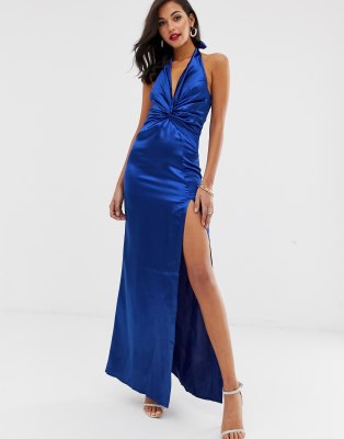 City Goddess satin knot front satin maxi dress-Blue - City Goddess ...