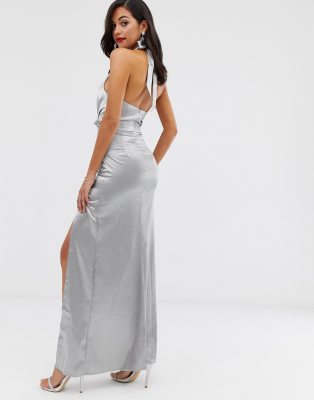 silver satin long dress