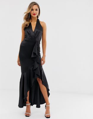 satin ruffle maxi dress