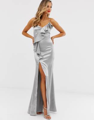 City Goddess Satin Ruffle Slit Front Maxi Dress silver ModeSens