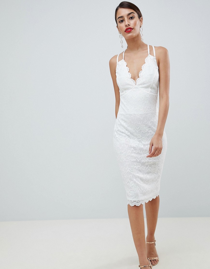 City Goddess Scalloped Edge Lace Midi Dress-White