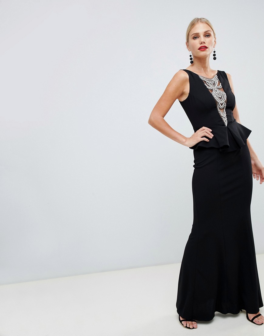 City Goddess structured peplum maxi dress with embellished detail-Black