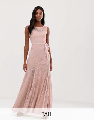 City Goddess Tall Lace Maxi Dress With Satin Belt-Pink