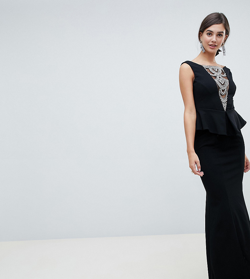 City Goddess Tall structured peplum maxi dress with embellished detail-Black