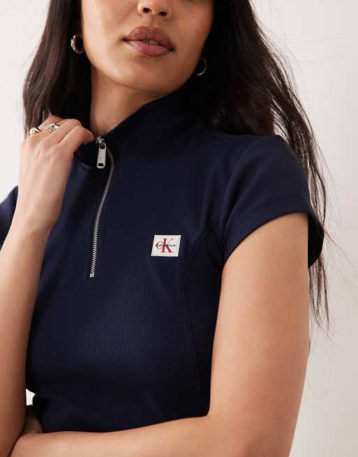 CJK rib high neck zip front t-shirt in navy, 2 of 4