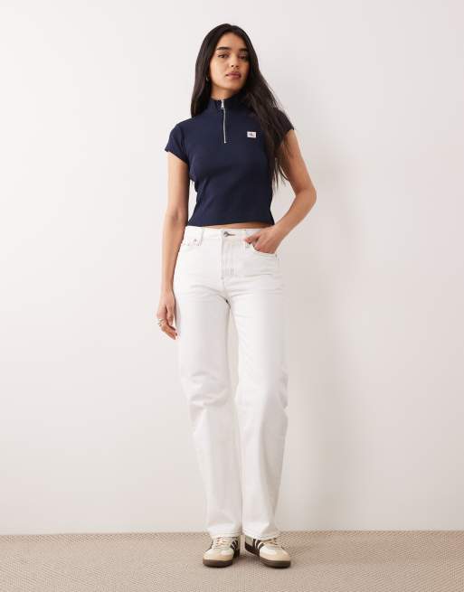 CJK rib high neck zip front t-shirt in navy, 3 of 4