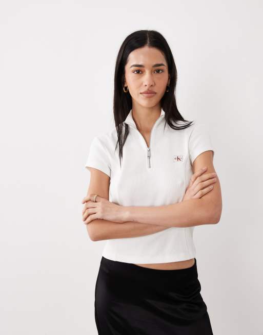CJK - T-shirt accollata bianca a coste con zip sul davanti, 3 di 4