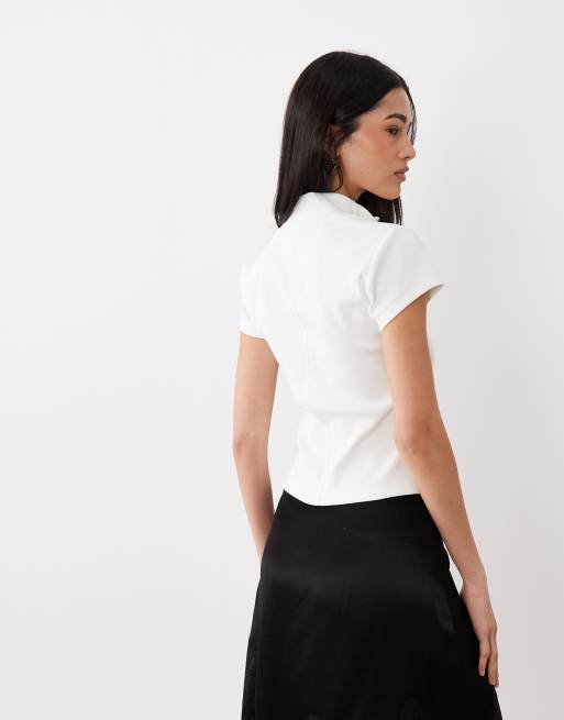 CJK - T-shirt accollata bianca a coste con zip sul davanti, 4 di 4
