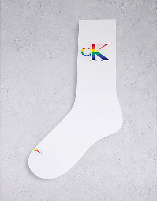 CK Jeans Pride Zane ribbed logo socks in white