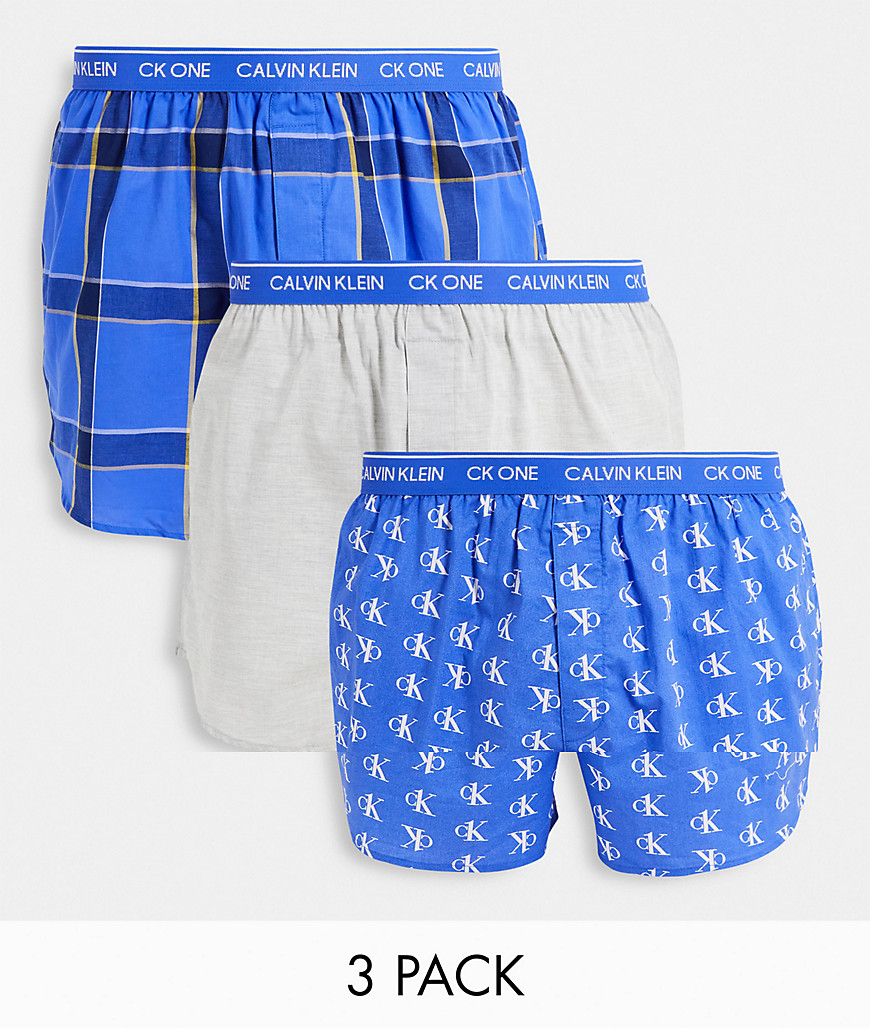 CK One 3 pack woven boxers in logo plain check-Multi