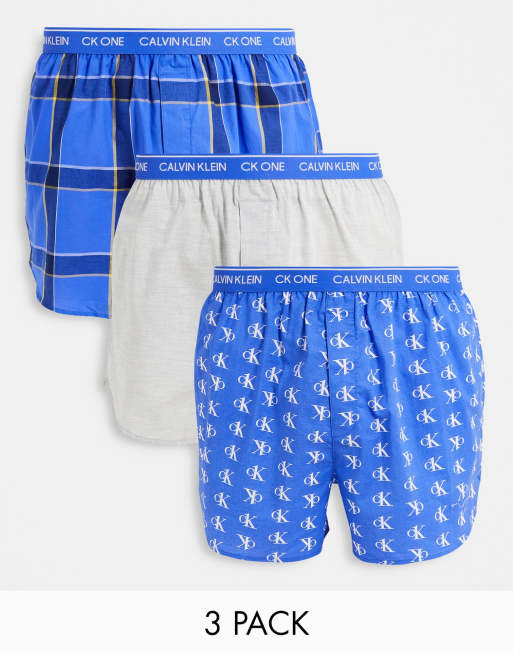 CK One 3 pack woven boxers in logo plain check