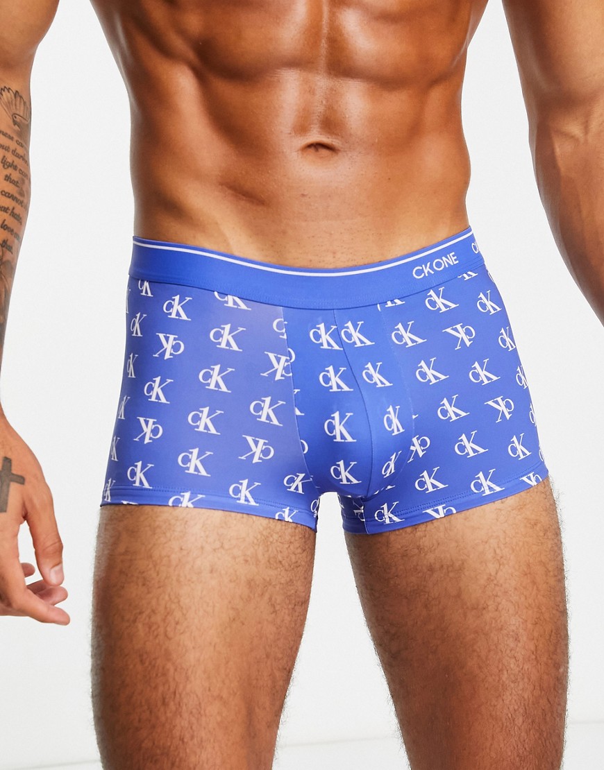 CK One low rise trunk with all over logo print in blue