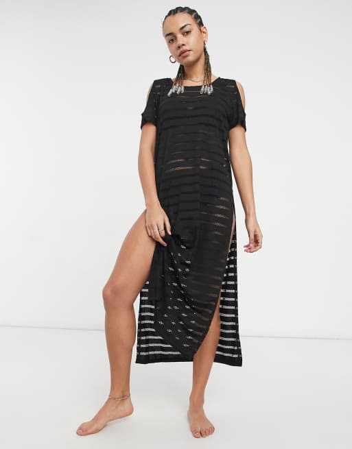 CK Swim maxi beach dress with cold shoulder in black | ASOS