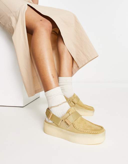 Clarks Originals Wallabee cupsole slingback sandals in beige suede