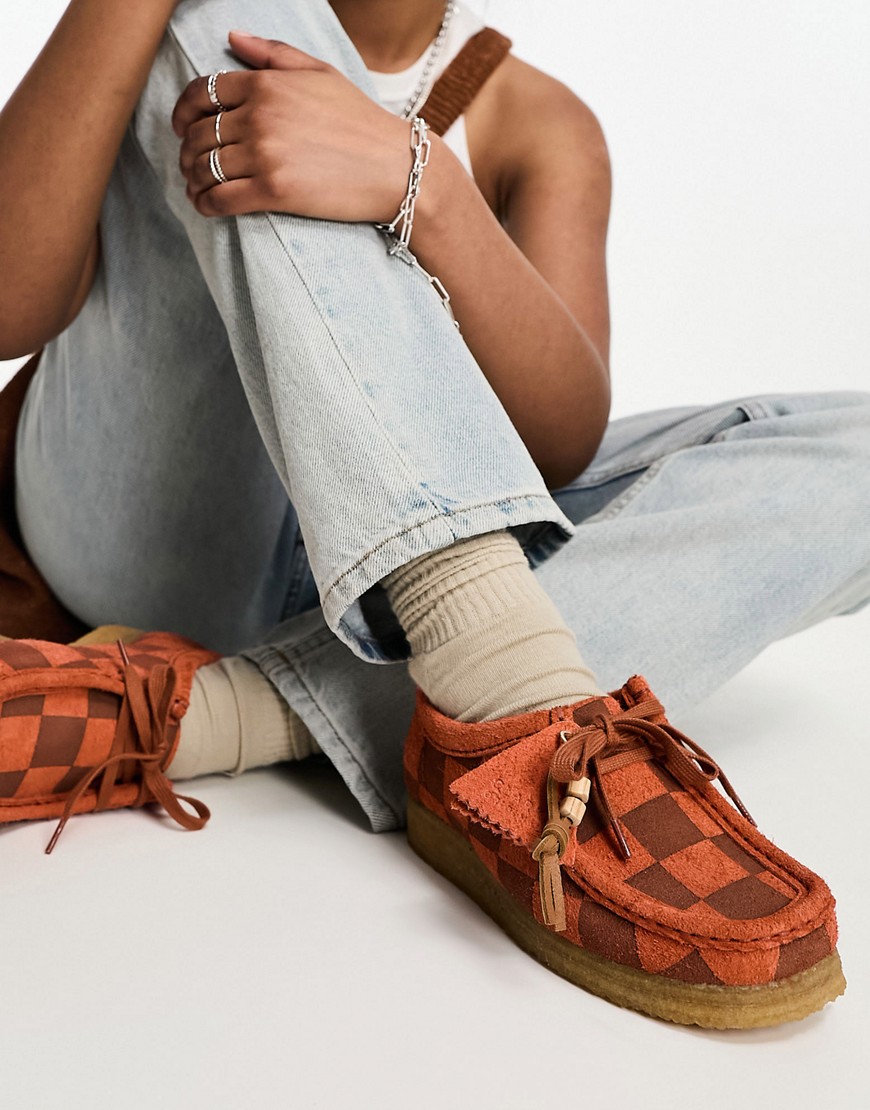 clarks originals wallabee shoes in orange checkerboard suede