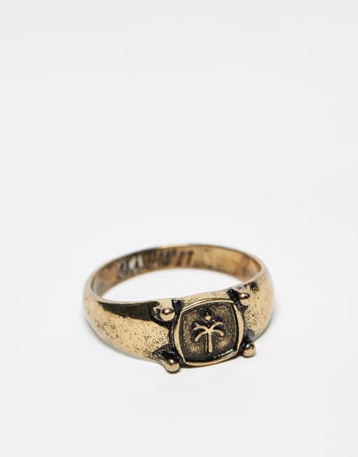 Classics 77 - Anello con sigillo color oro vintage con palma in rilievo