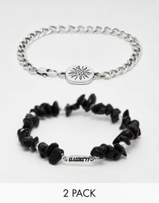 beaded and chain sun bracelet 2 pack in silver-Black